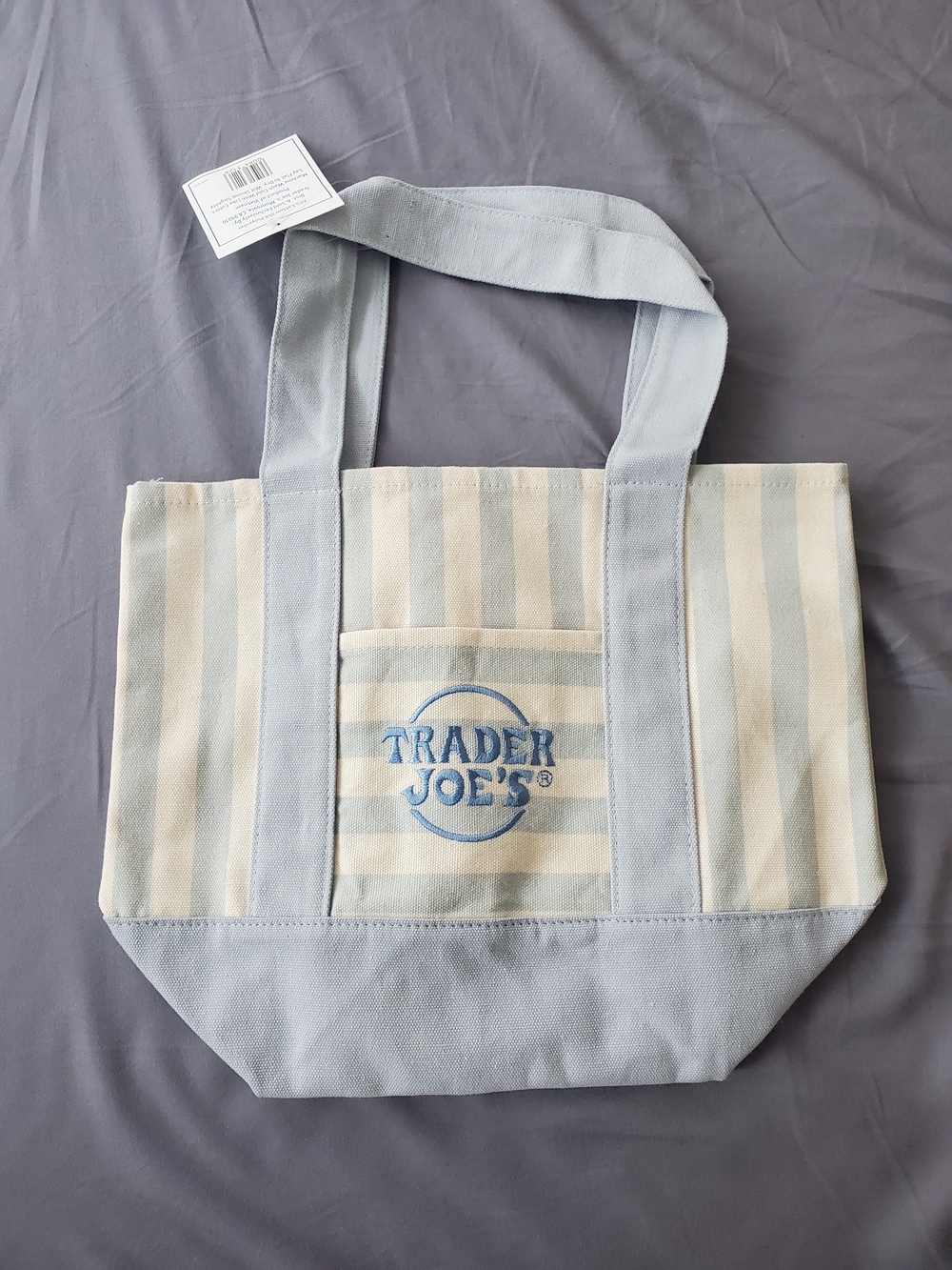 Trader Joe's Striped Canvas Mini Tote Bag in Light Blue & Cream